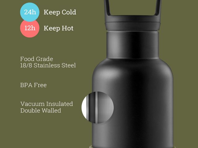【美國HYDY】時尚保溫水瓶-黑瓶+海藻綠矽膠套 590ML